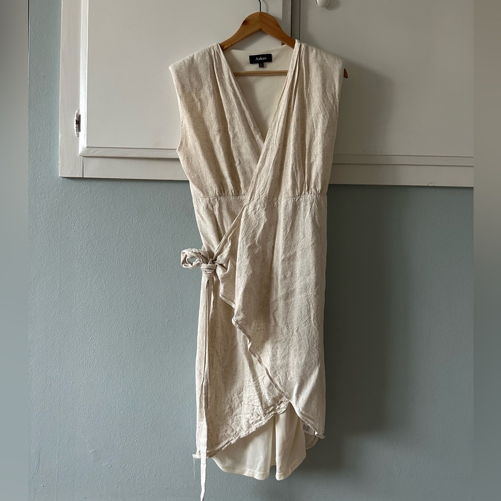 Aakaa Cream Asymmetrical Wrap Dress